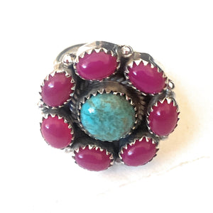 Handmade Sterling Silver, Pink Onyx & Turquoise Cluster Adjustable Ring