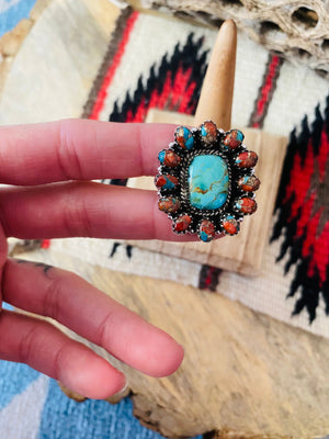 Handmade Sterling Silver, Spice & Turquoise Cluster Adjustable Ring