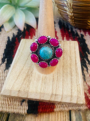 Handmade Sterling Silver, Pink Onyx & Turquoise Cluster Adjustable Ring