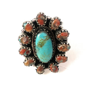 Handmade Sterling Silver, Spice & Turquoise Cluster Adjustable Ring