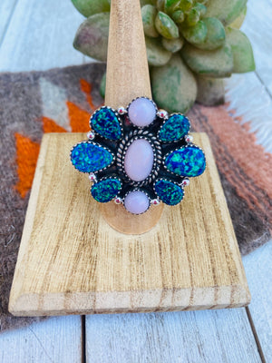 Handmade Sterling Silver, Opal & Queen Pink Cluster Adjustable Ring