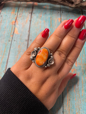 Old Pawn Navajo Sterling Silver & Orange Spiny Ring Size 8.5