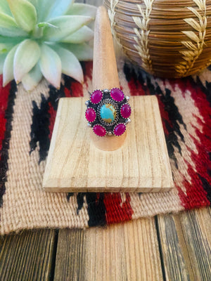 Handmade Sterling Silver, Pink Onyx & Turquoise Cluster Adjustable Ring