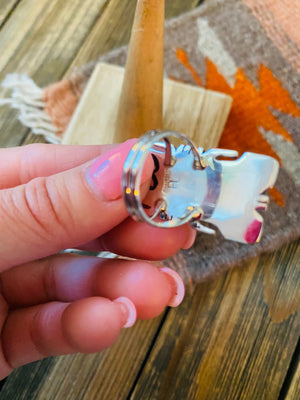 Navajo Sterling Silver, Orange Spiny & Turquoise Inlay Ring Size 6.5