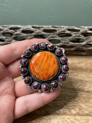 Navajo Sterling Silver And Orange And Purple Spiny Adjustable Ring