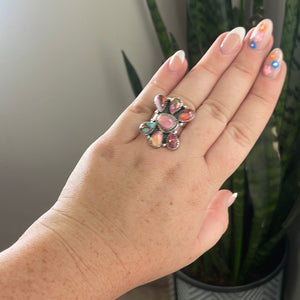 “The Willow” Handmade Sterling Silver, Pink Dream & Pink Conch Cluster Adjustable Ring Signed Nizhoni