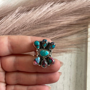 “The Willow” Handmade Sterling Silver, Turquoise & Purple Dream Cluster Adjustable Ring Signed Nizhoni